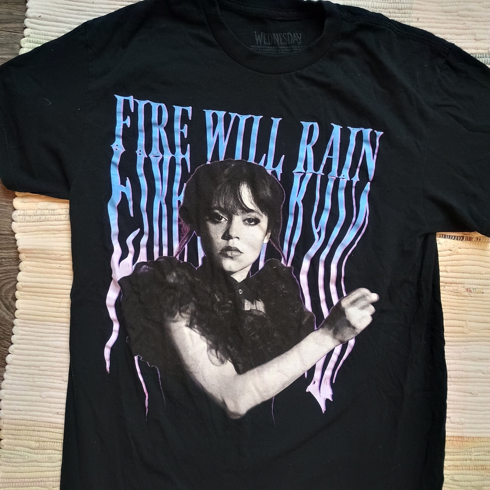 Wednesday Black Graphic T-Shirt with Purple and Blue Design